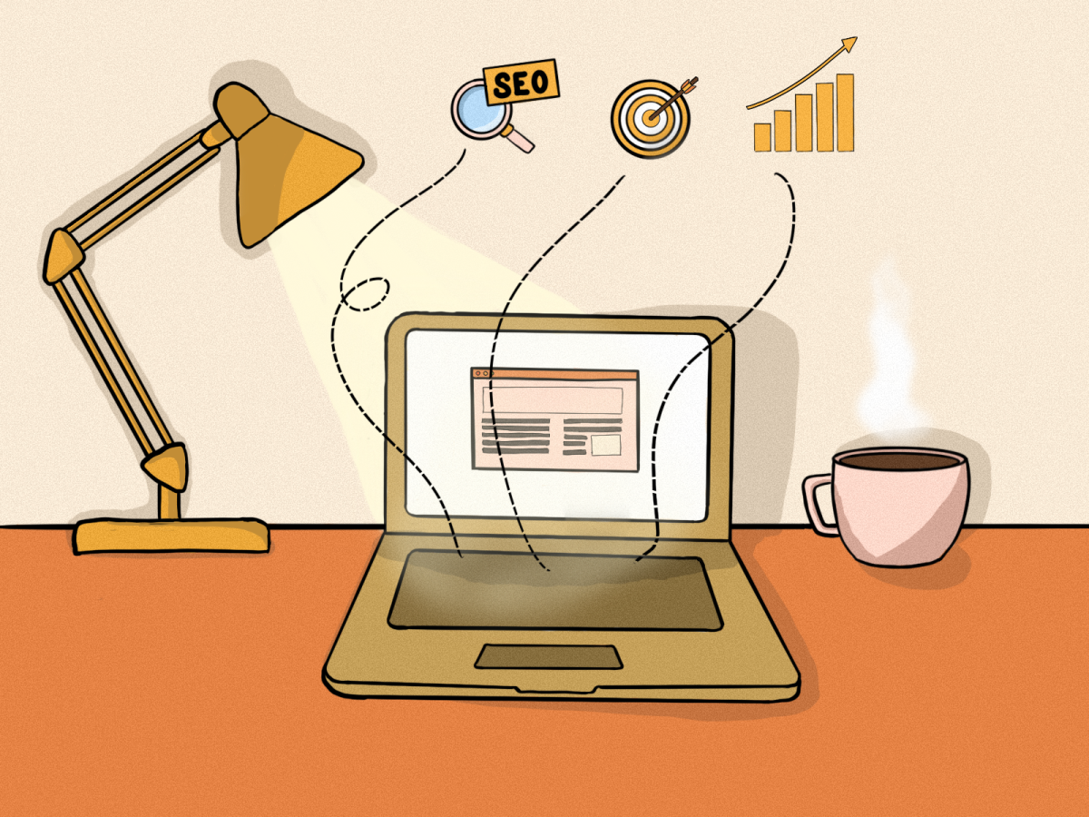 un bureau avec un ordinateur publiant un article, surmonté de pictogrammes symbolisant le SEO, le ciblage et la croissance.