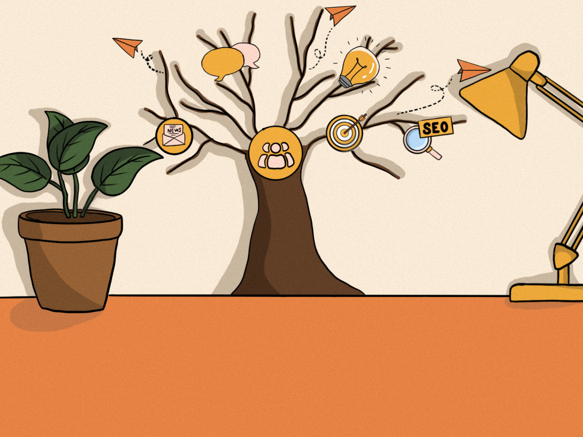 un arbre dont les branches portent des icônes de newsletter, communauté, fidélisation et avions en papier symbolisant l'envoi d'e-mails