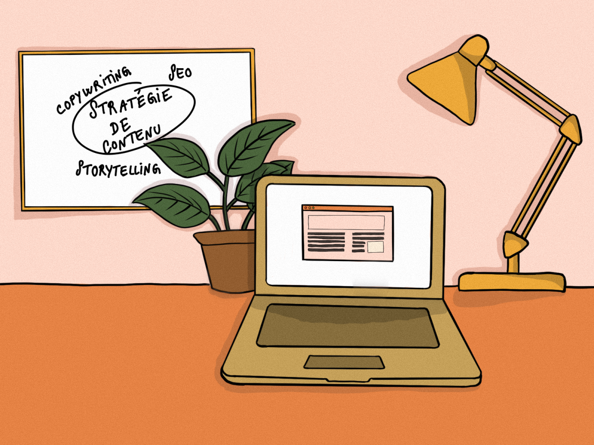 un bureau avec un ordinateur et un tableau récapitulant l'offre : copywriting, SEO, stratégie de contenu et storytelling